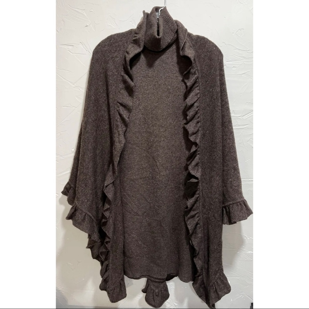 Repeat Cashmere 40 Sz M Brown Gray Sweater Dress & Ruffled Wrap Shawl 2pc Set
